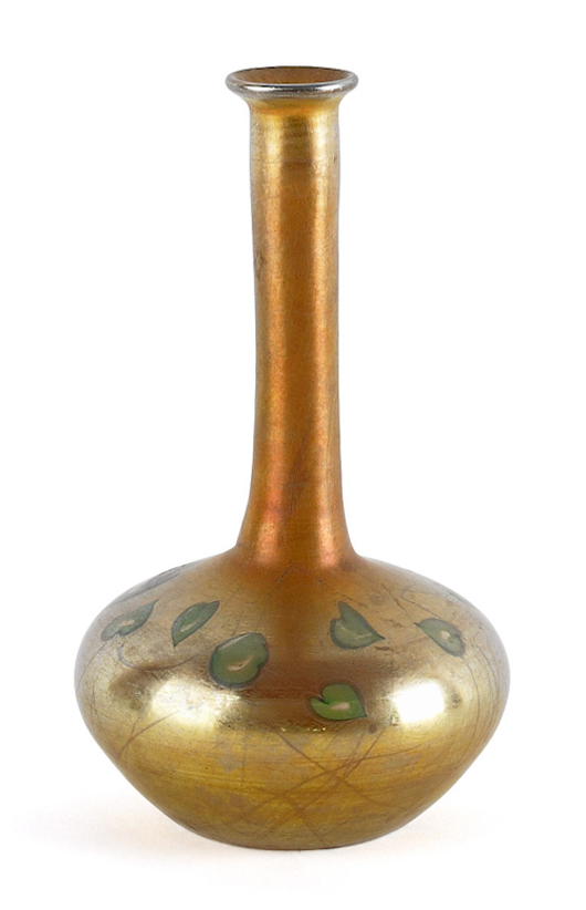 Tiffany Favrile glass bottle vase with heart and vine decoration, signed and numbered '4071J,' 6 inches high. Image courtesy Pook & Pook Inc.   